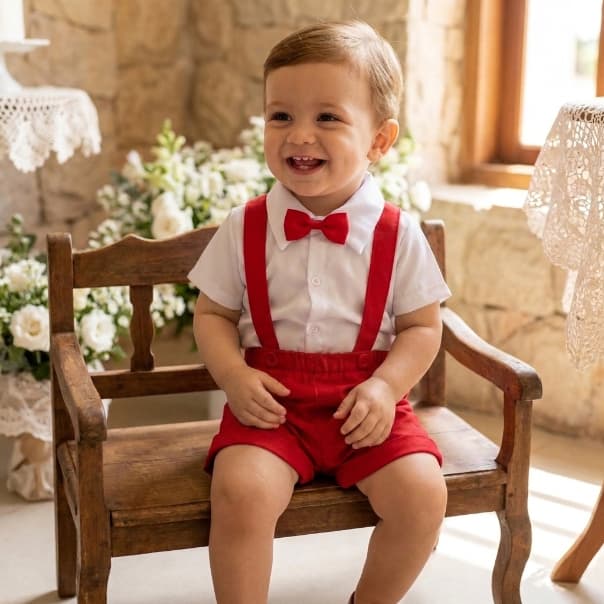Conjunto Infantil Menino Vermelho Short Suspensório Gravata Camisa Branca Batizado