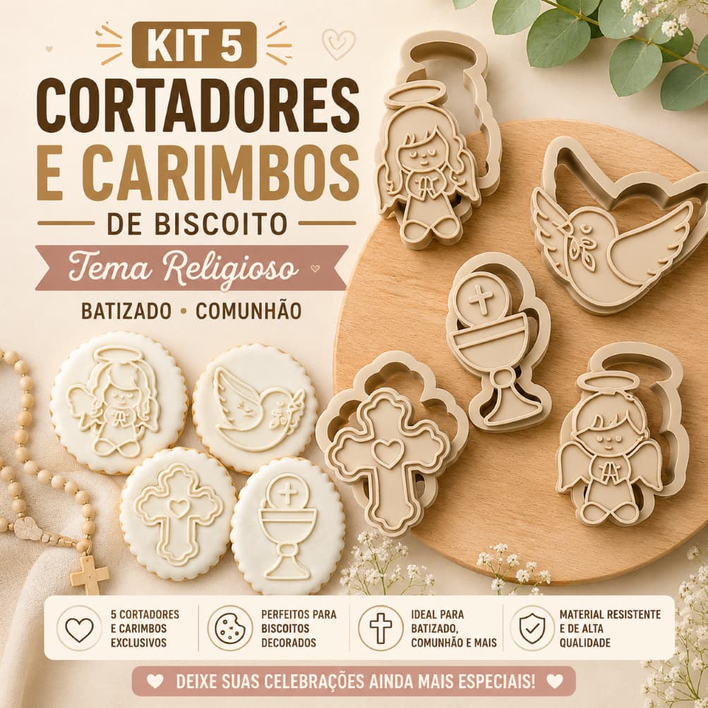 Kit 5 Cortadores e Carimbos De Biscoito Tema Religioso Batizado Comunhão