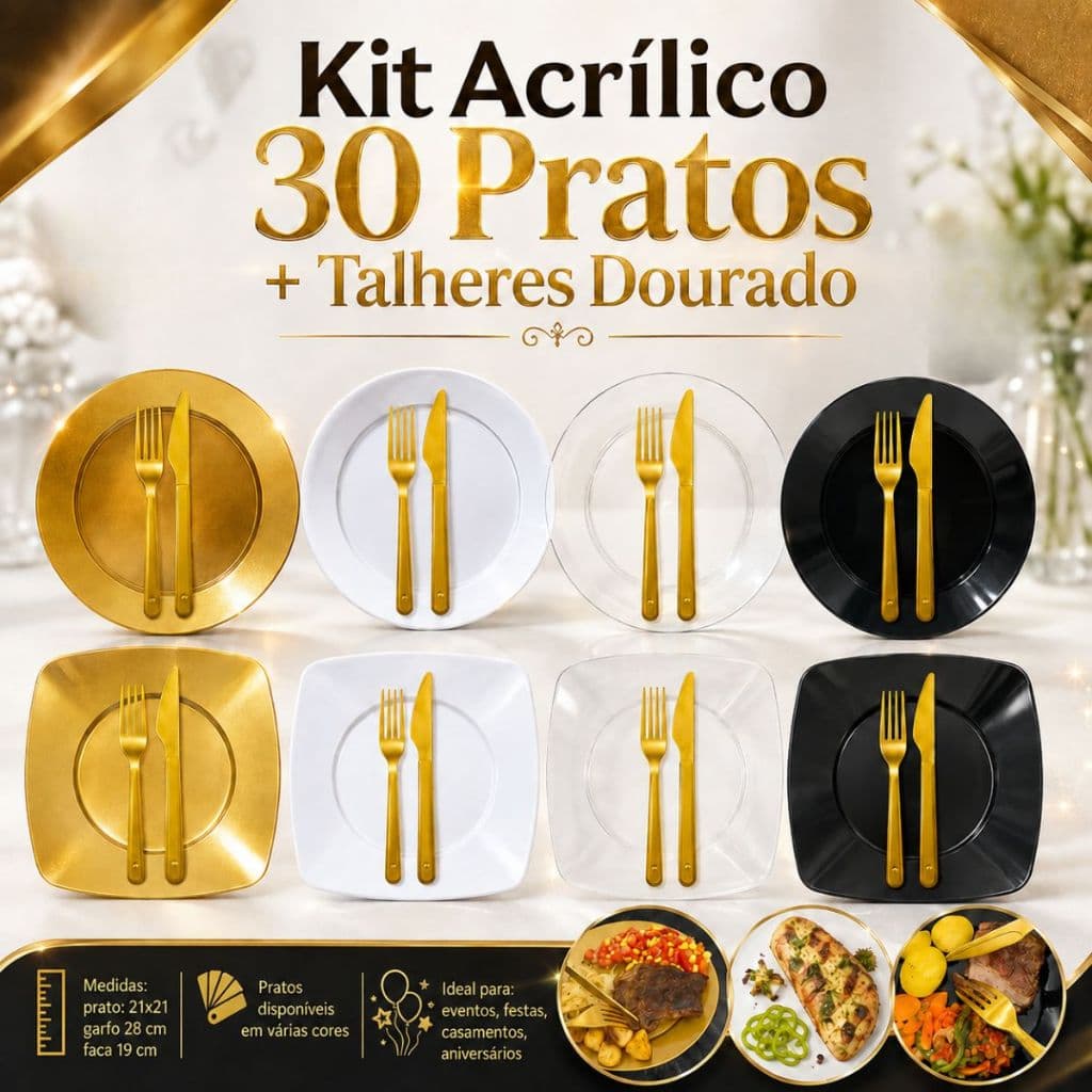 Kit 130 Itens Pratos Refeição Acrilico Talheres Ouro Dourado Garfo Facas Plastico Festa Aniversário Ano Novo Natal