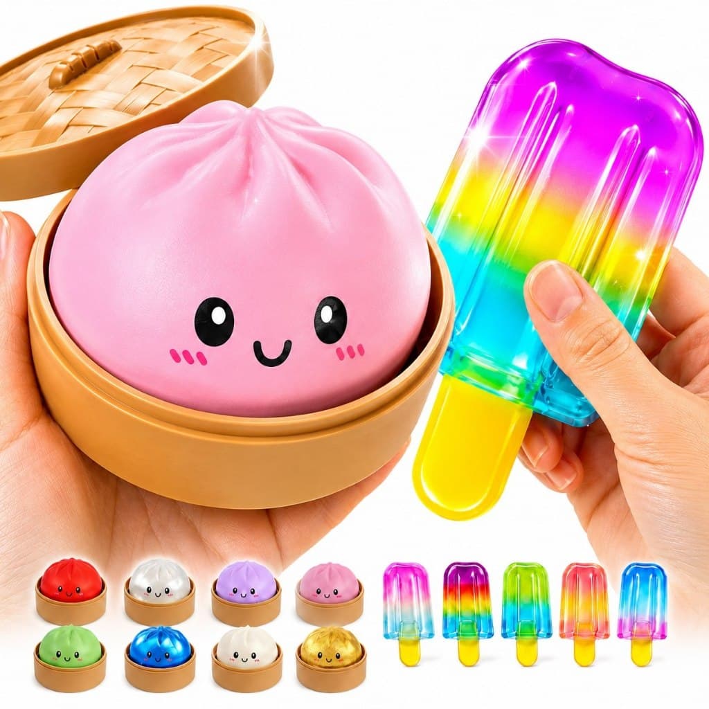 Kit 2 Taba Squishy, Dumplings Bolinho Chinês Surpresa + Squish Sorvete Needoh