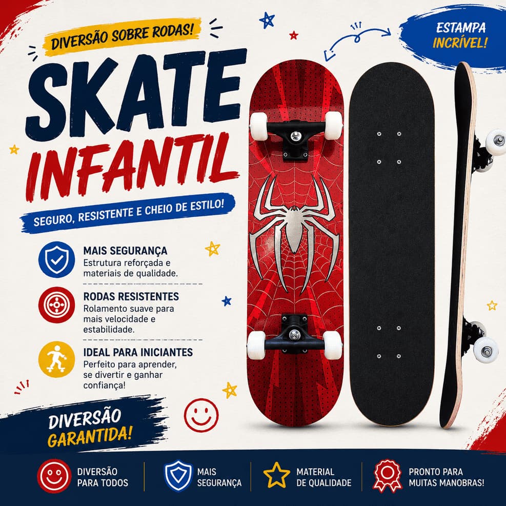 SKATE COMPLETO SEMI PROFISSIONAL VINGADORES HOMEM SPIDER ARANHA