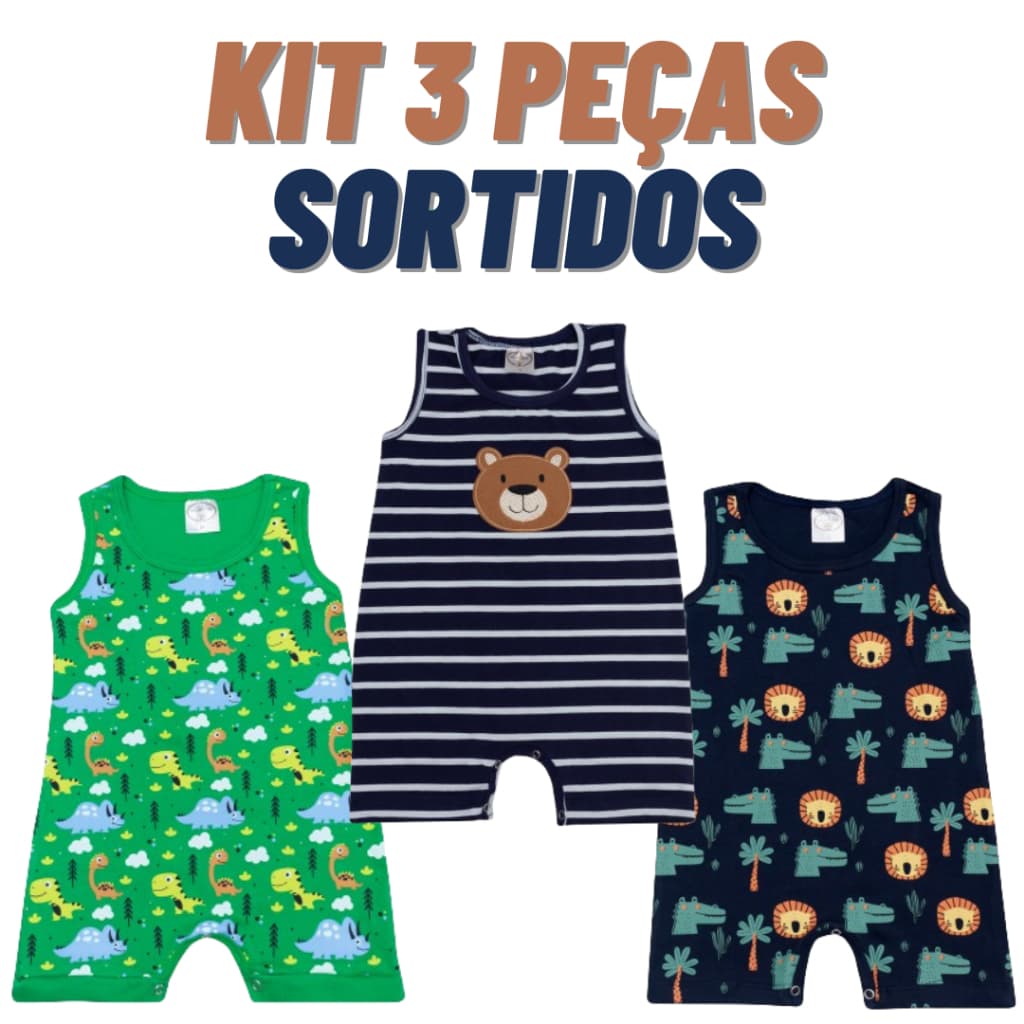 Kit 3 Macacão Bebê Romper Banho de Sol Regata Algodão Masculino Sortido