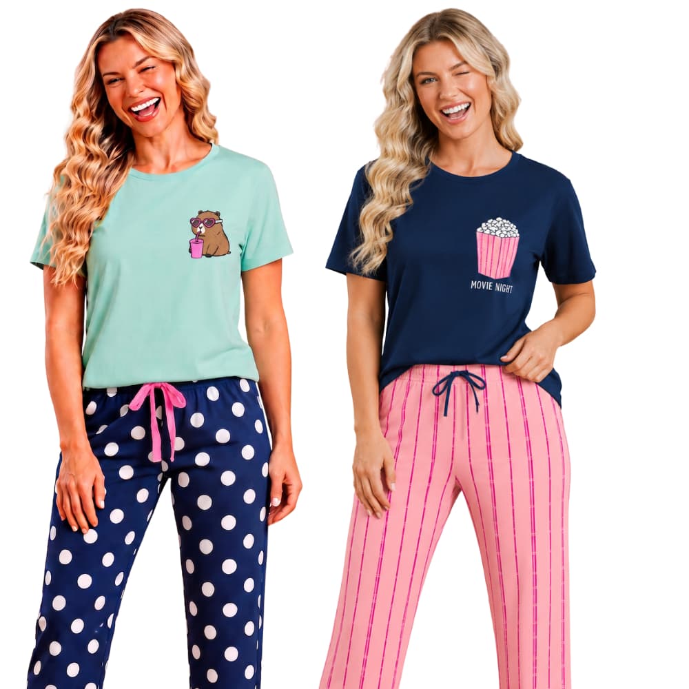 Pijama Feminino Longo Curto Meia Estação Camiseta e Calça Malha PV Antipeeling Xadrez Poá Capivara Plus Size