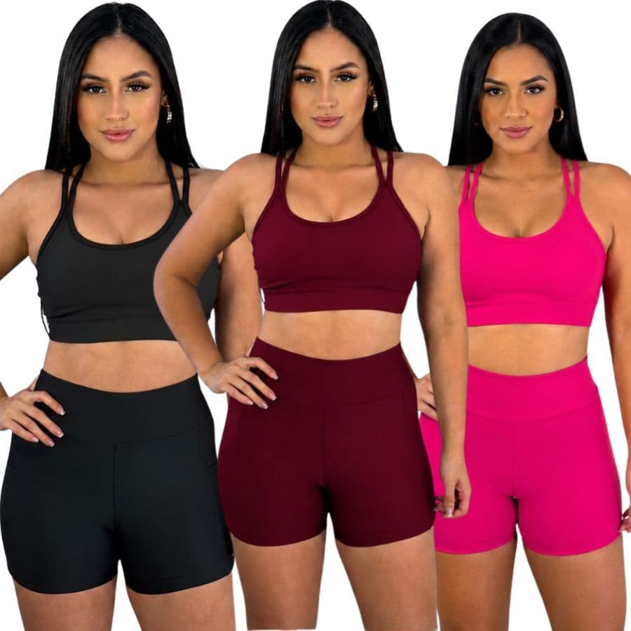 Conjunto Fitness - Short e Top Feminino com Bojo Removível Tecido Suplex Zero Transparencia Liso Básico Cintura Alta