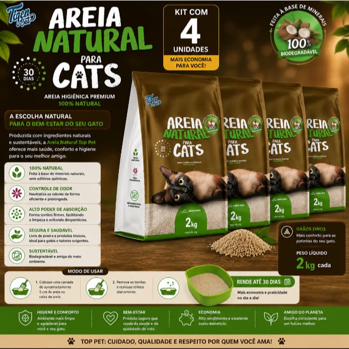 KIT C/4 UND AREIA HIGIENICA BIODEGRADAVEL 2 KGS - MANDIOCA PCT MARROM