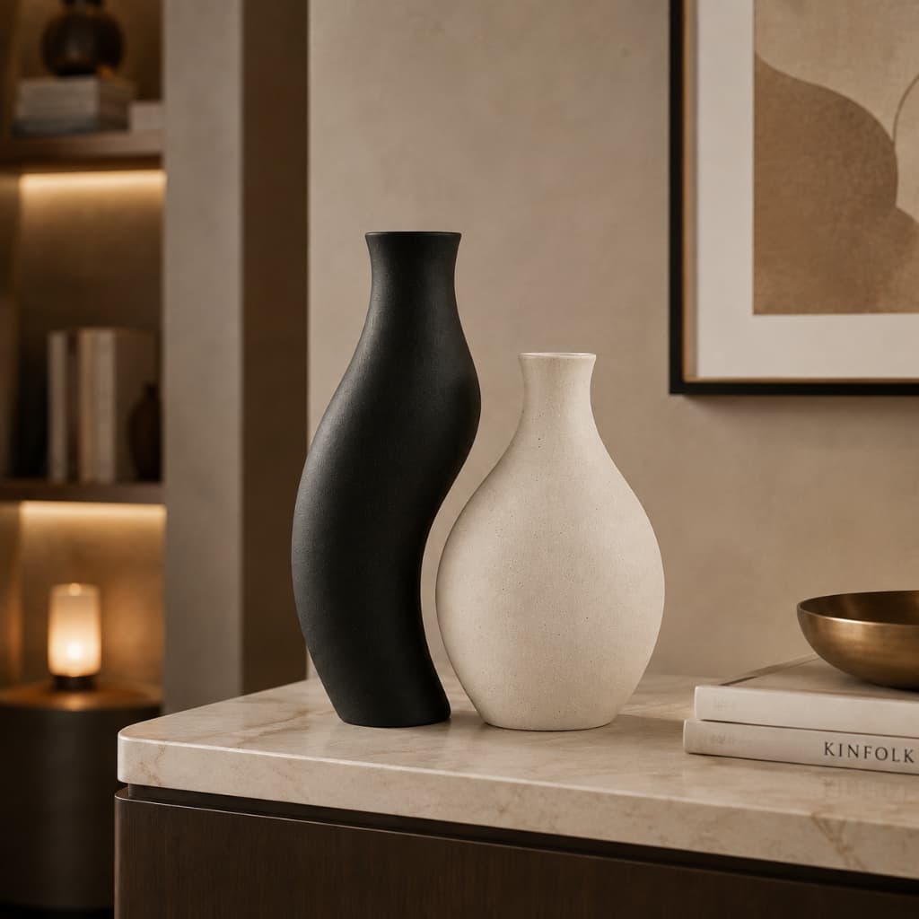 Conjunto 2 Vasos Decorativos Artesanal Cerâmica Premium Escultura Moderna Sala Escritório Quarto Kit