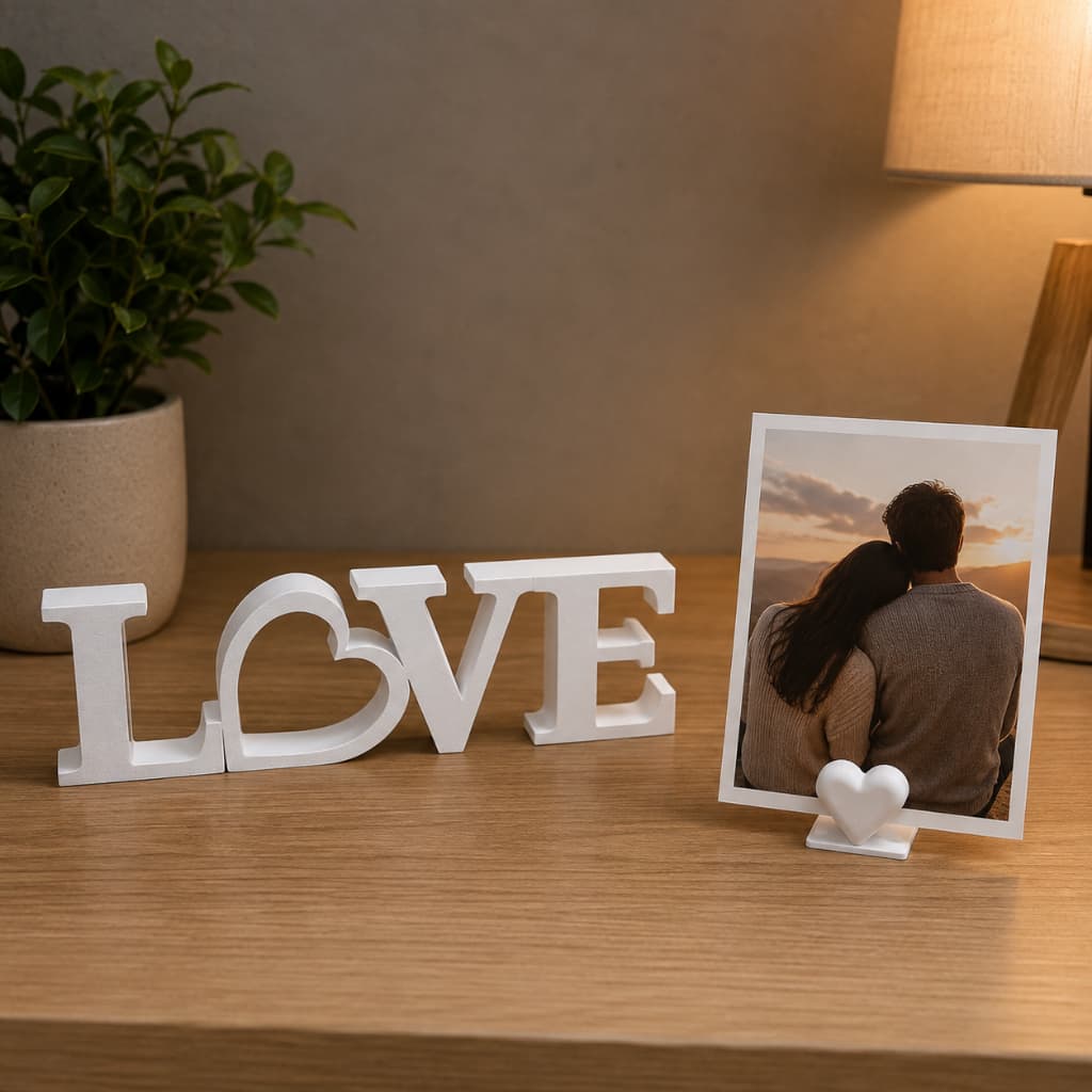 Kit Placa Love + Porta Fotos Coração 3D Decoração Romântica Presente Criativo Casal Namorados