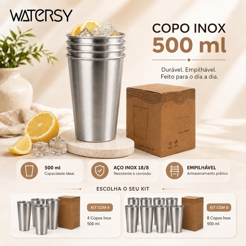 WATERSY Copo de Aço Inox 500ml Empilhável Reutilizável para Café Chá Água e Camping