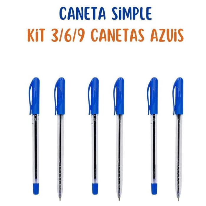 Kit 3 a 9 Canetas Esferográfica Simple Azul Jocar Office Ponta Média 10mm Corpo Redondo para Escolar e Escritório