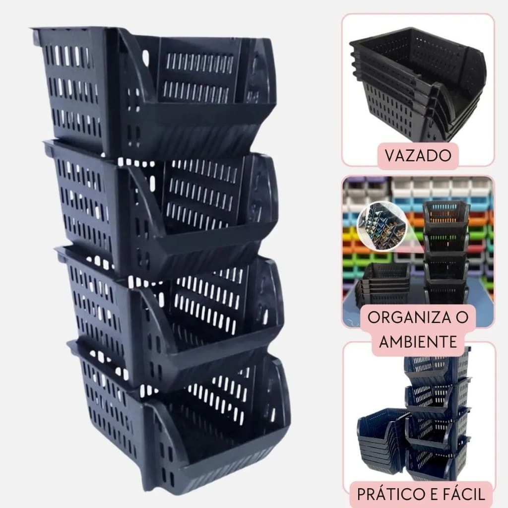 Kit 3/5/10 Cesto Bin Organizadora Empilhável Plástica Preta Estoque Oficina Peças Parafusos