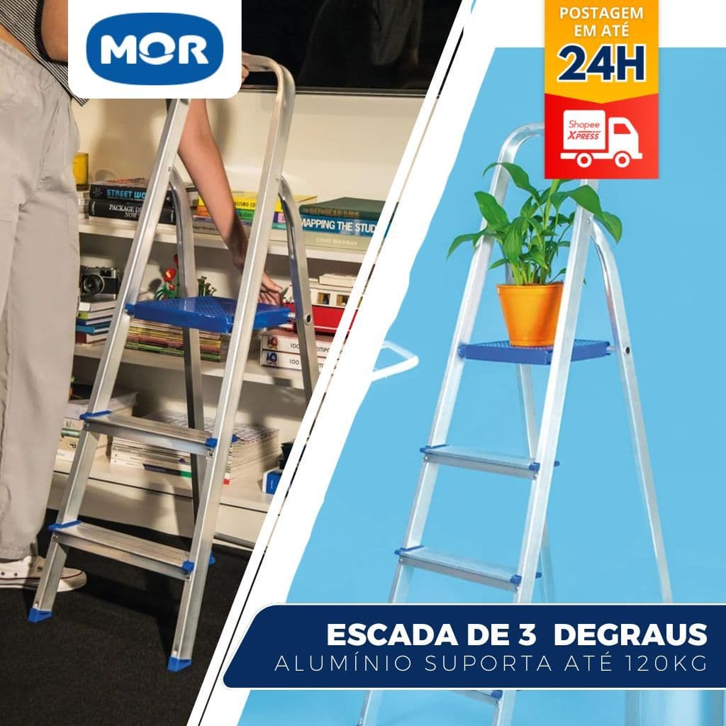 Escada Mor Alumínio 3 Degraus uso Doméstico