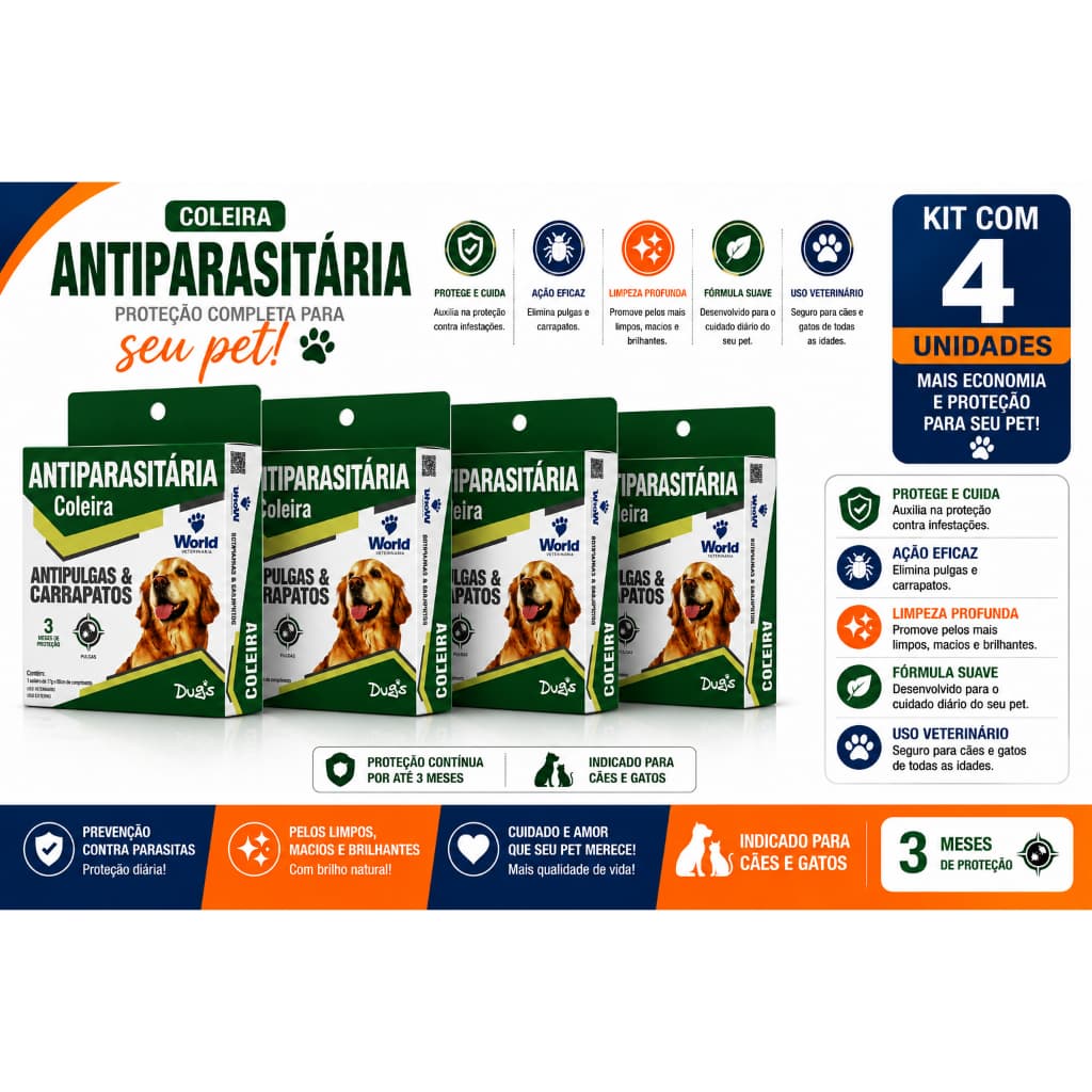 Kit com 4 Coleiras Antipulgas Carrapatos Dugs Cães Cachorro - 56cm
