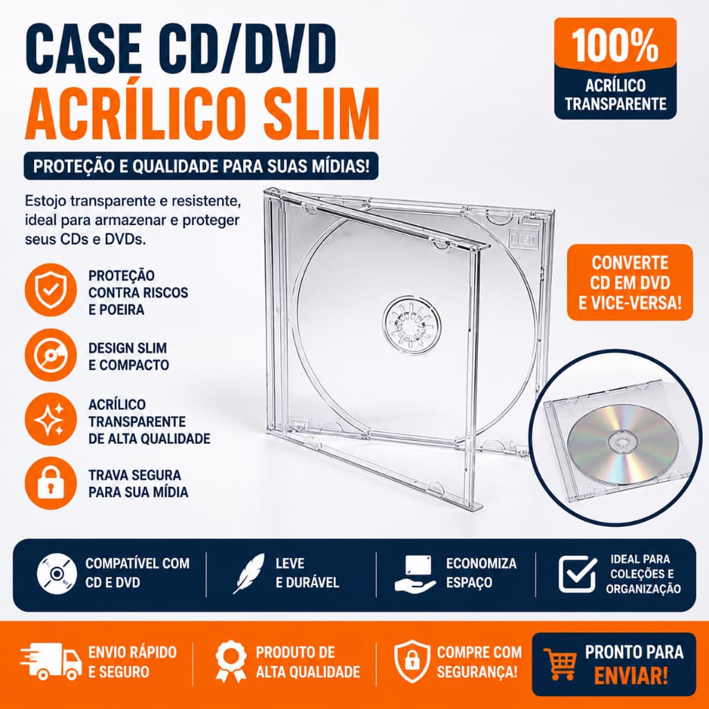Capa para cd Transparente acrílica para CD DVD Estojo Unitário Protetor de Mídia