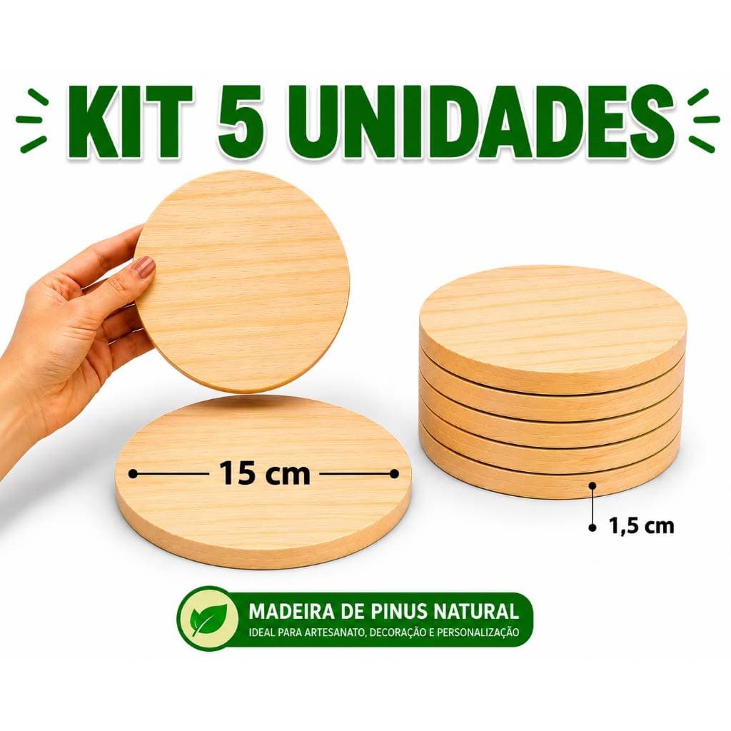 KIT 5 BOLACHA REDONDA DE PINUS 15 CM — MADEIRA NATURAL LIXADA - PLACA REDONDA MADEIRA PINUS 20 CM