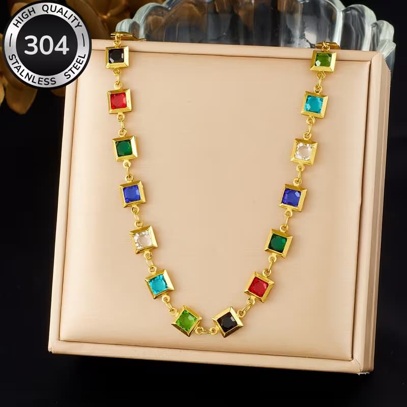 COLAR DE STRASS COLORIDO EM AÇO INOX 304 ELEGANTE 200T-50