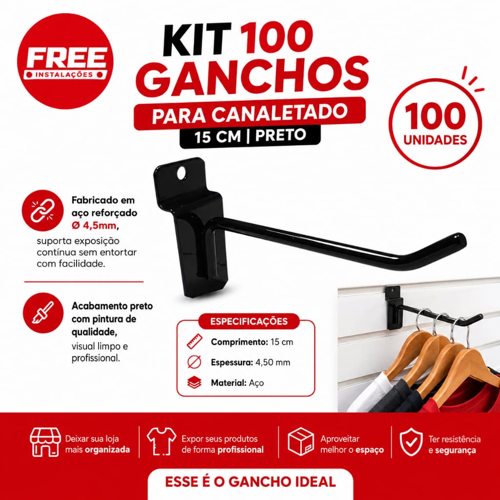 Kit 100 Ganchos Para Canaletado 15cm Preto Gancho Expositor Para Loja Aço Reforçado