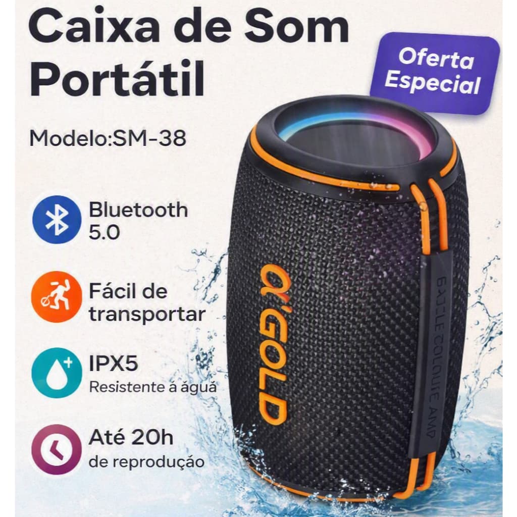 🔊 Caixa De Som Bluetooth À Prova D'Água AlphaGold  5w