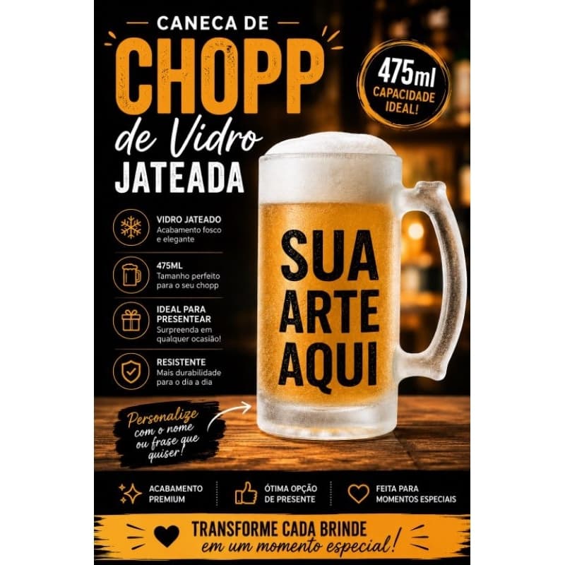Caneca de Chopp de Vidro Personalizada Jateada 475ml | Sua Arte Aqui