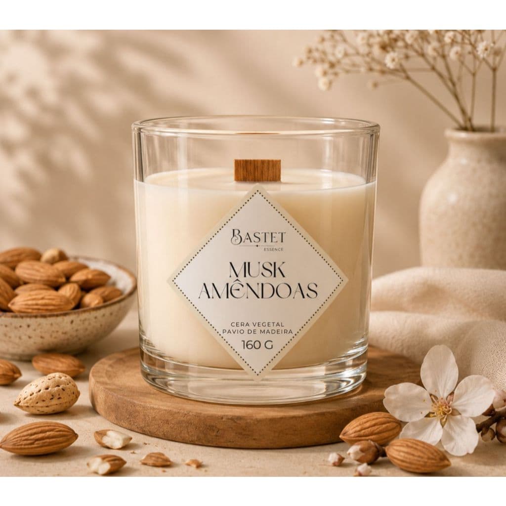 Vela Aromática Musk Amêndoas | Perfumada | Pavio de Madeira | 160 gramas | Cera de Coco | Vegetal
