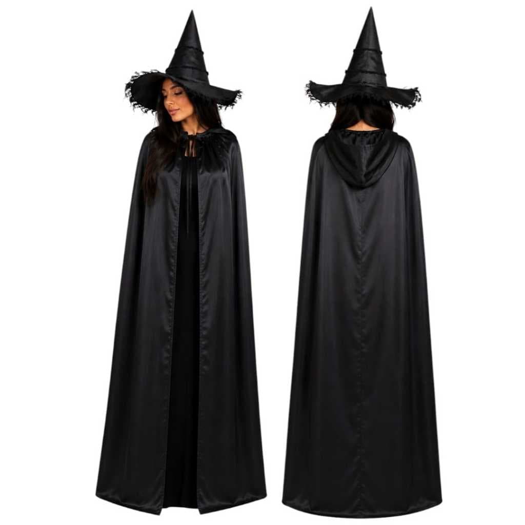 Fantasia de Bruxa Halloween com Capa Preta e Chapéu Terror