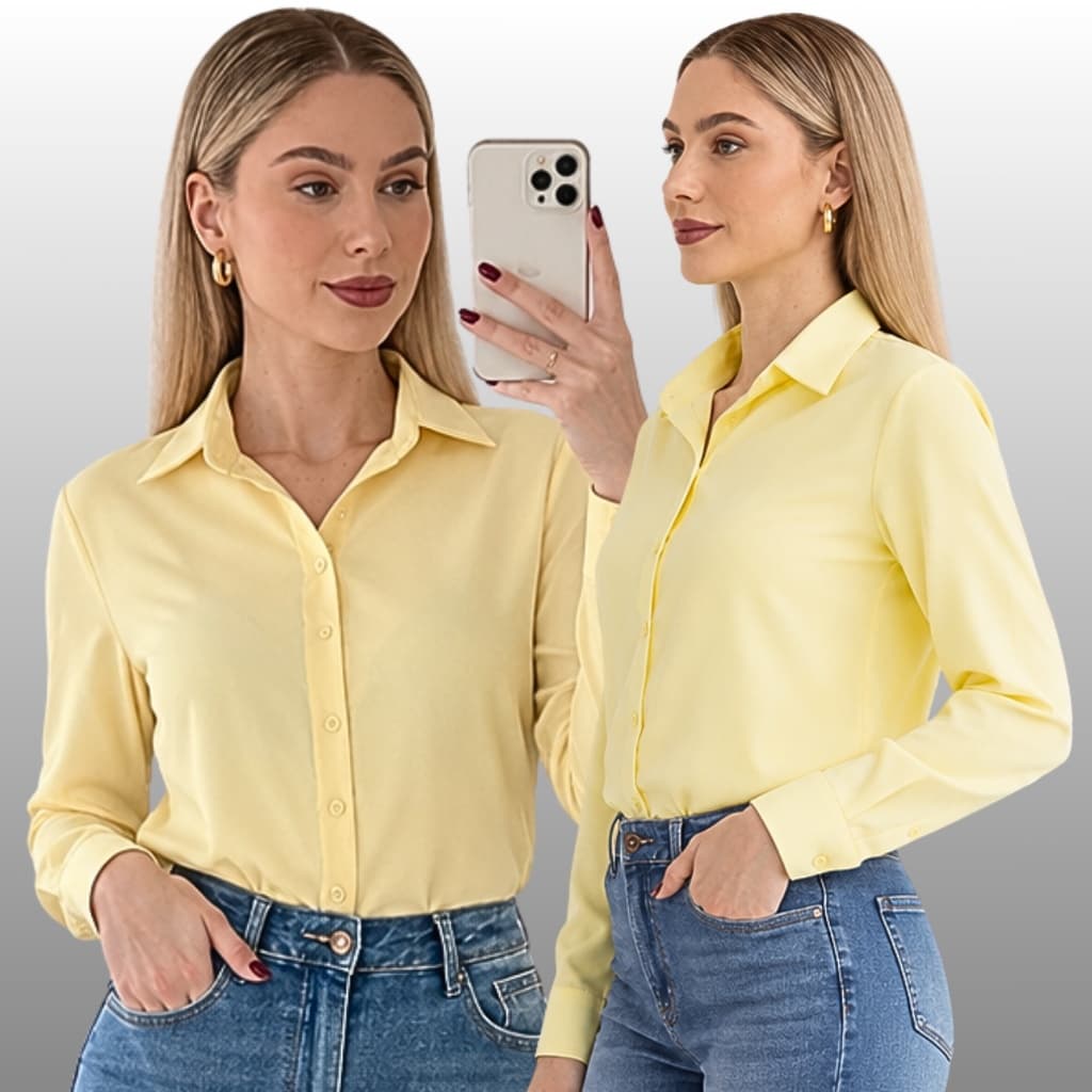 Camisa Feminina Manga Longa Elegante com Botões Gola Colarinho Blusa Social Feminina Trabalho Escritório