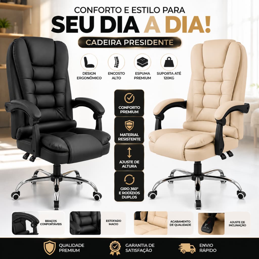 Cadeira Presidente Ergonômica Executiva Bege Giratória Reclinável Base Cromada Conforto Premium