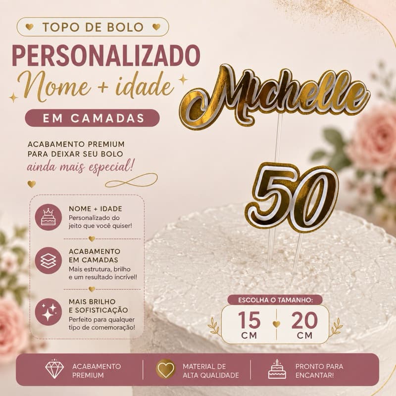 Topo de Bolo Personalizado com Nome e Idade – 15cm e 20cm