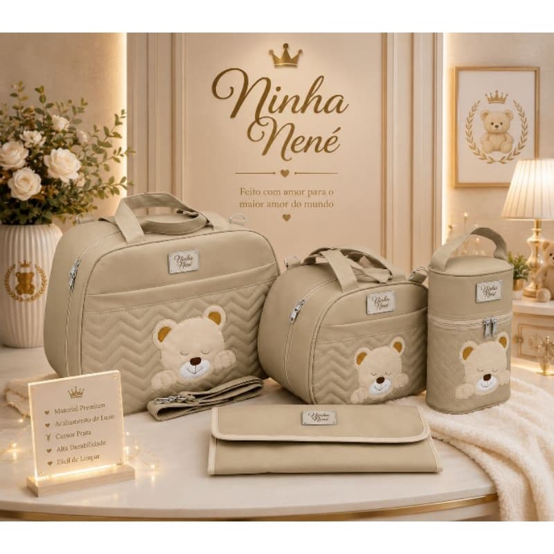 Kit Mala/Bolsa Maternidade para Bebê Masculino 4 Peças Luxo bege urso