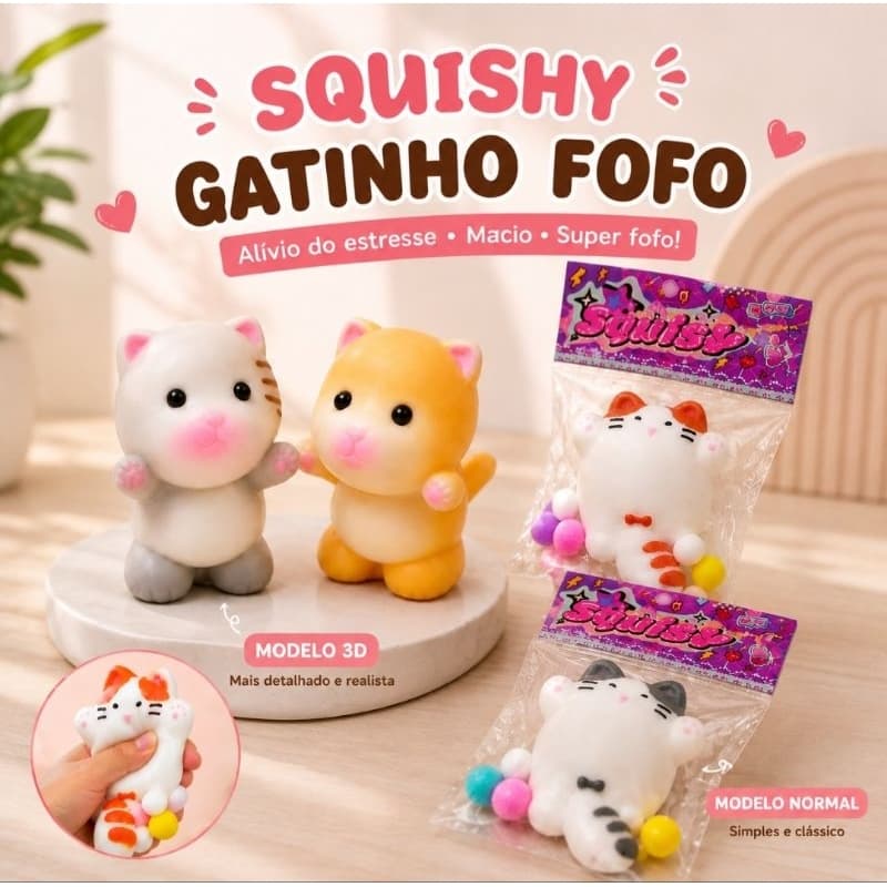 Squishy Gatinho Fofo 3D Antiestresse Slow Rising Brinquedo Sensorial Gato Fofo Macio Kawaii Presente