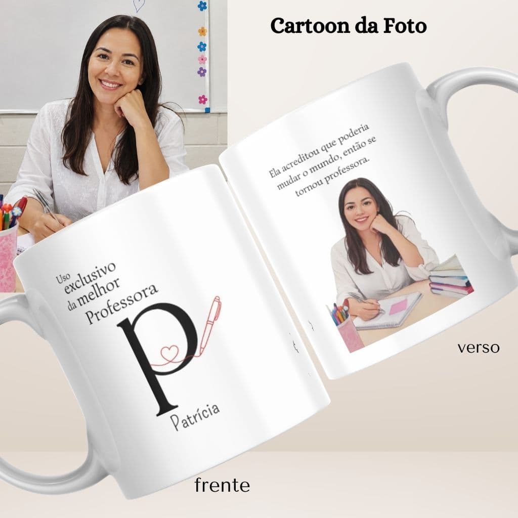 Caneca Professora cartoon personalizada + chaveiro + caixa presente Dia dos Professores-Aniversário