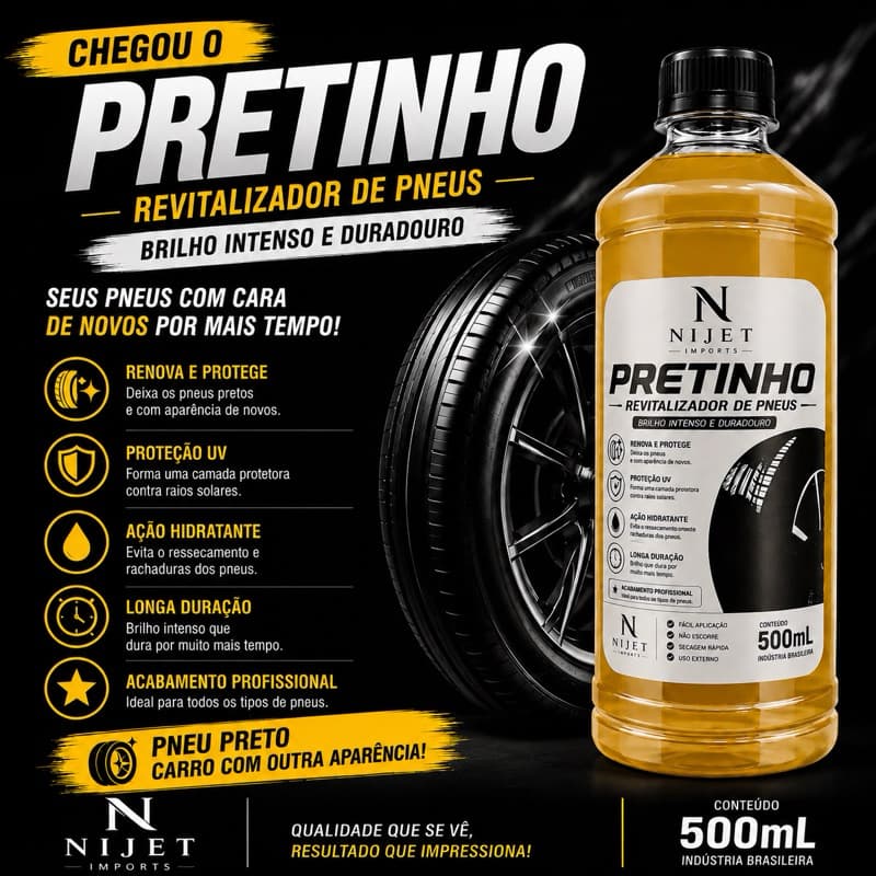 Pretinho Revitalizador de Pneus concentrado rende muito mais - Brilho intenso (para todos os veículos)