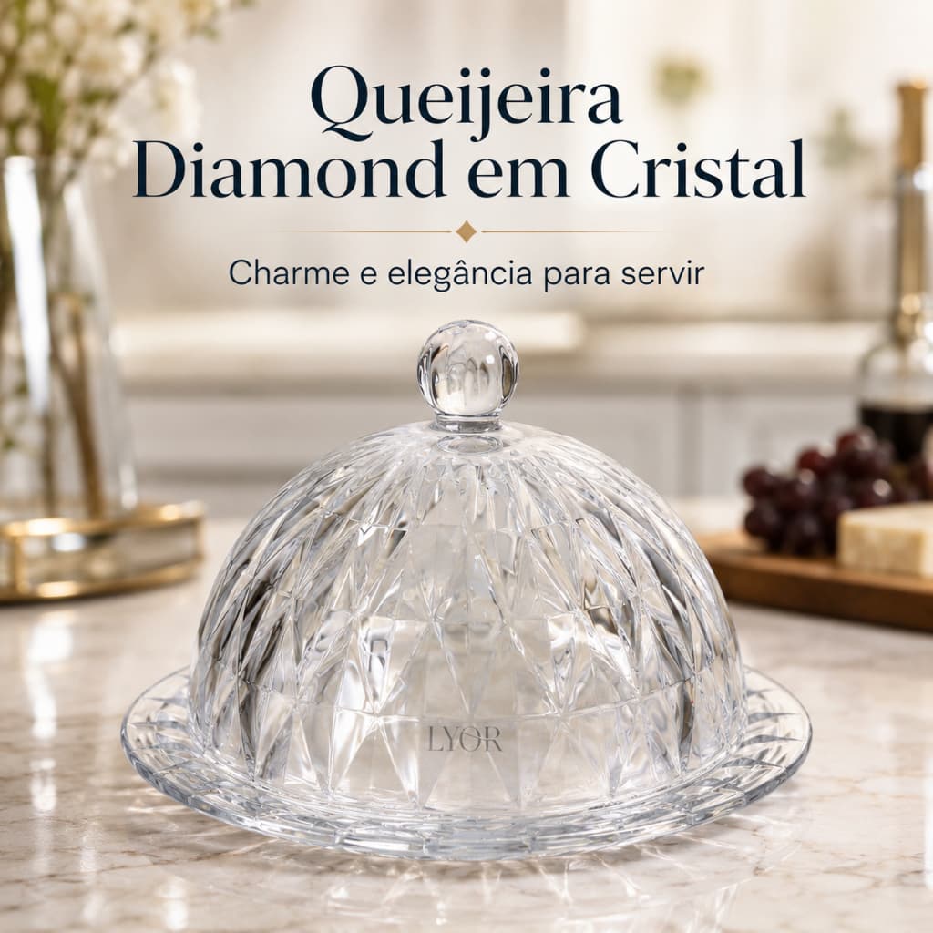 Queijeira de Cristal Diamond com Tampa e Base 18cm Lyor para Queijo Mesa Posta Elegante Presente