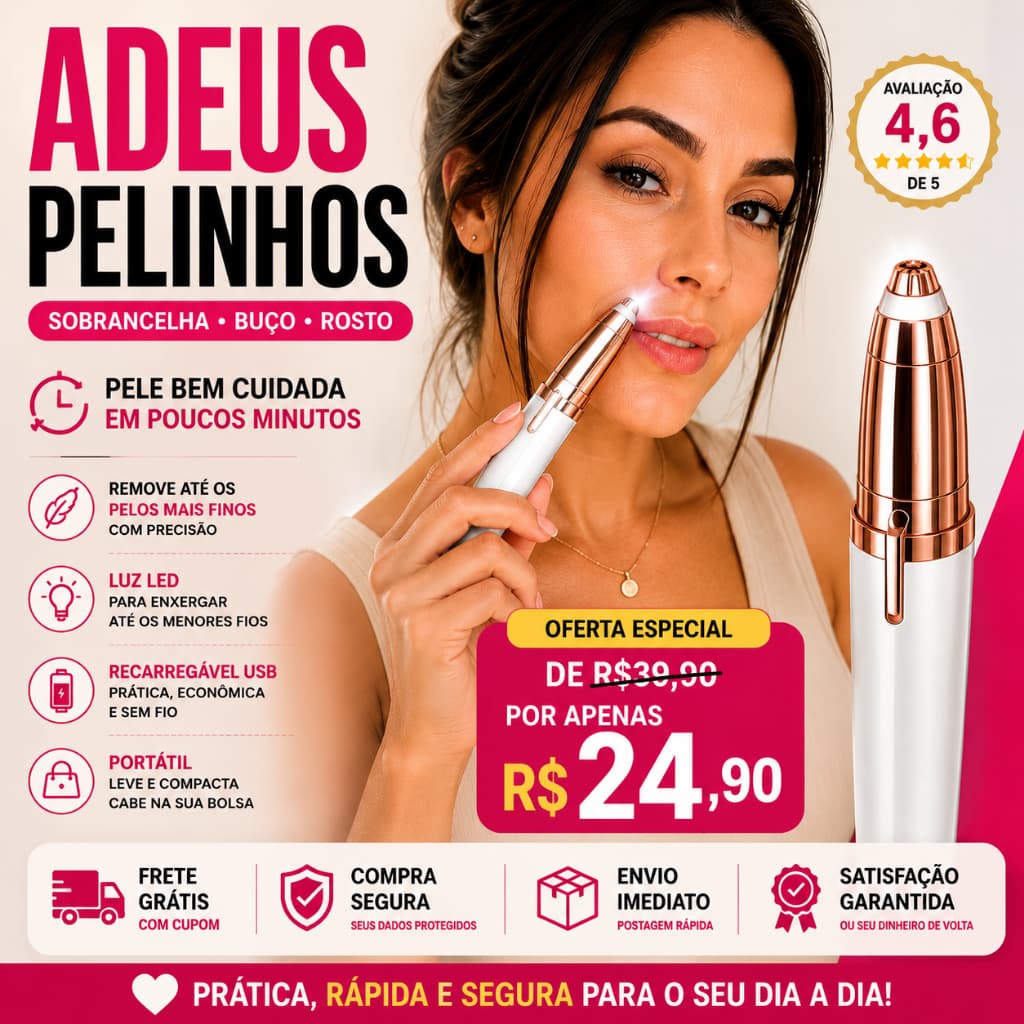 Caneta Depiladora Facial Elétrica Recarregável USB Removedor de Pelos Sobrancelha e Buço