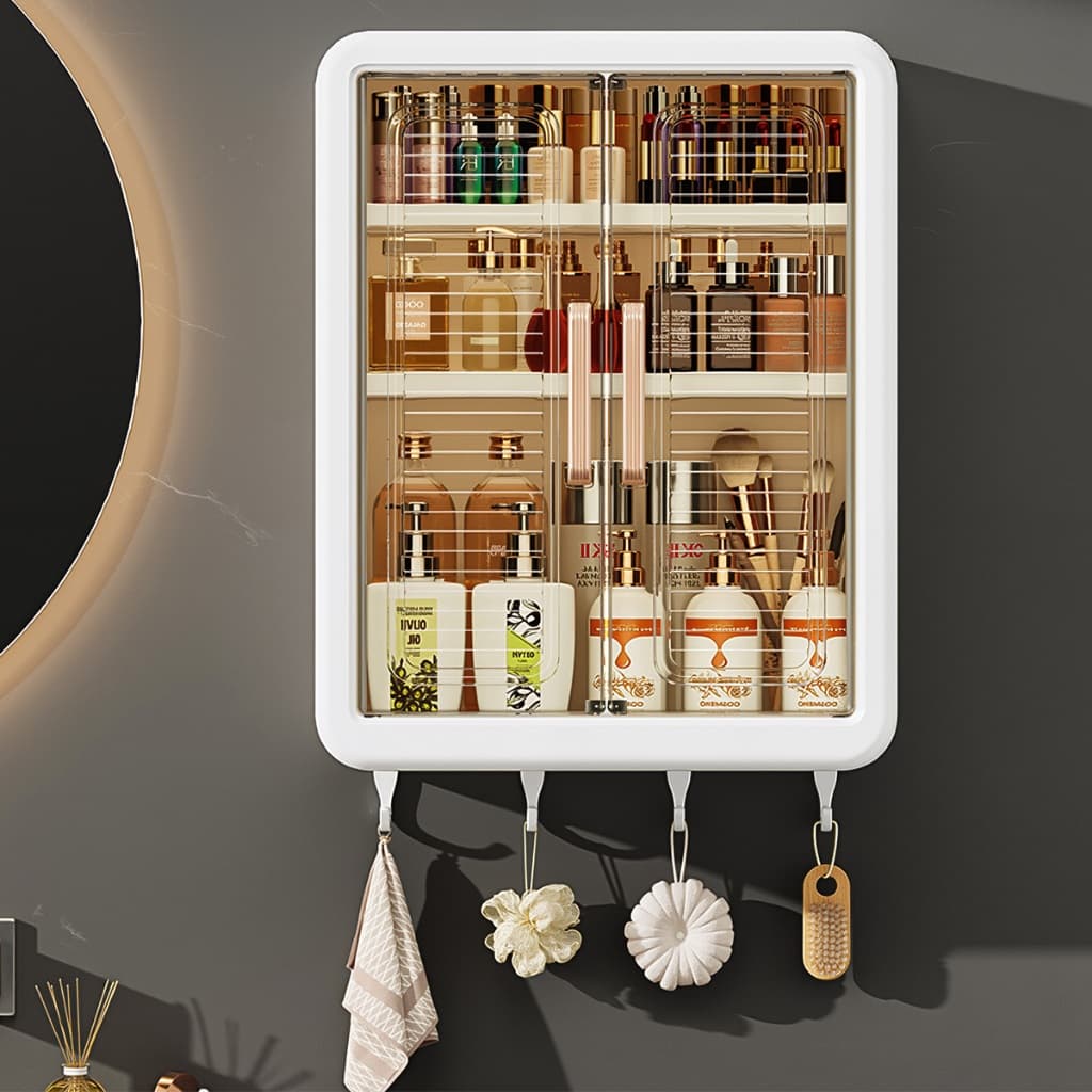 Armário Organizador De Parede Banheiro Para Cosméticos Maquiagem Porta Transparente Com Ganchos