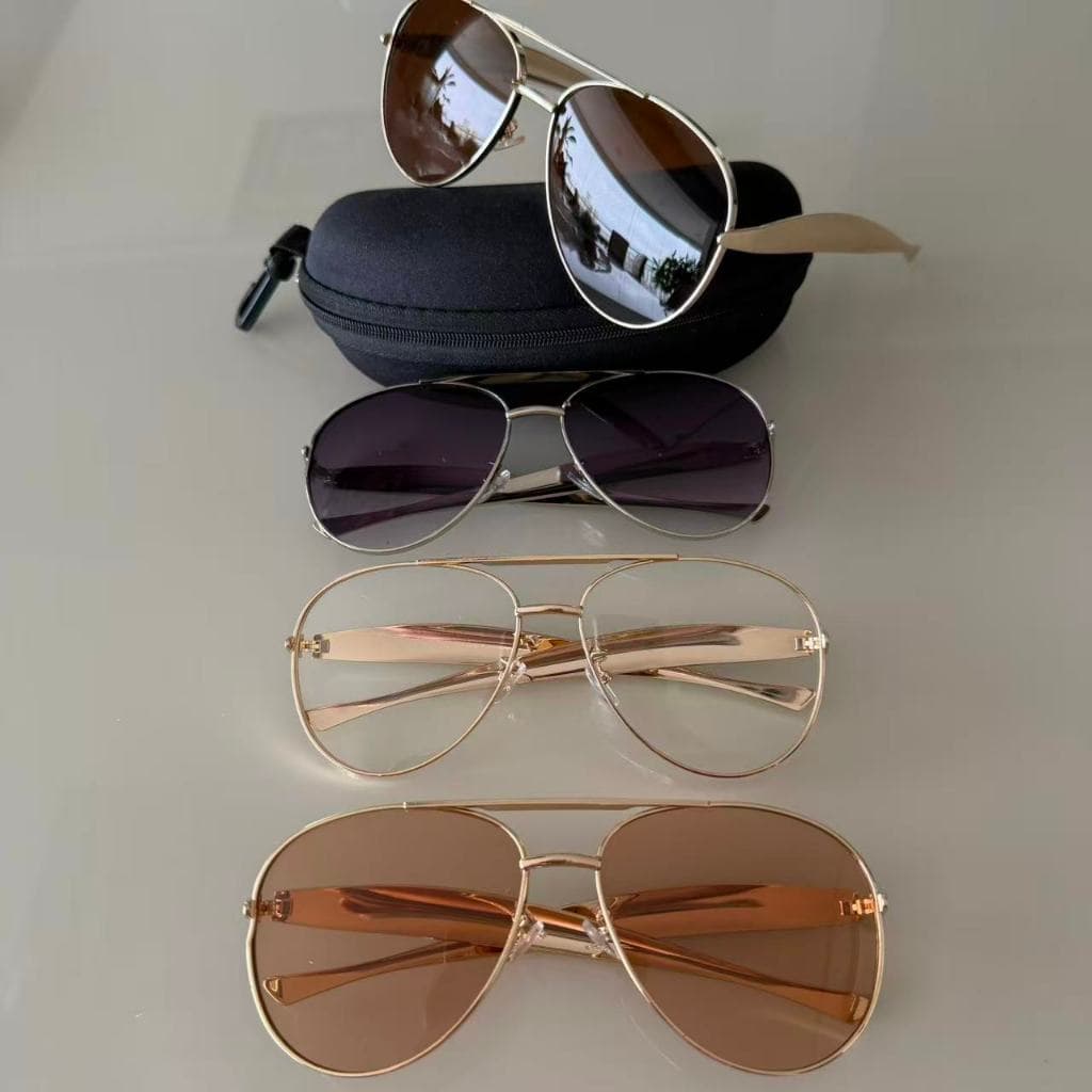 Óculos de Sol Feminino Aviador com Armação Metálica e Lentes Grandes UV400 com Estojo