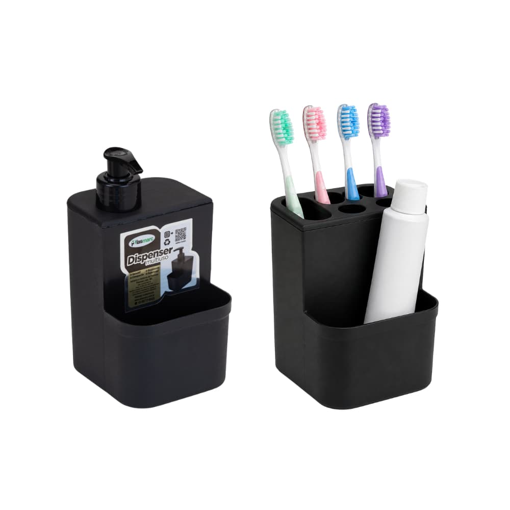 Kit Dispenser Sabonete Líquido + Porta Escovas de Dente Banheiro Organizador Plástico Resistente