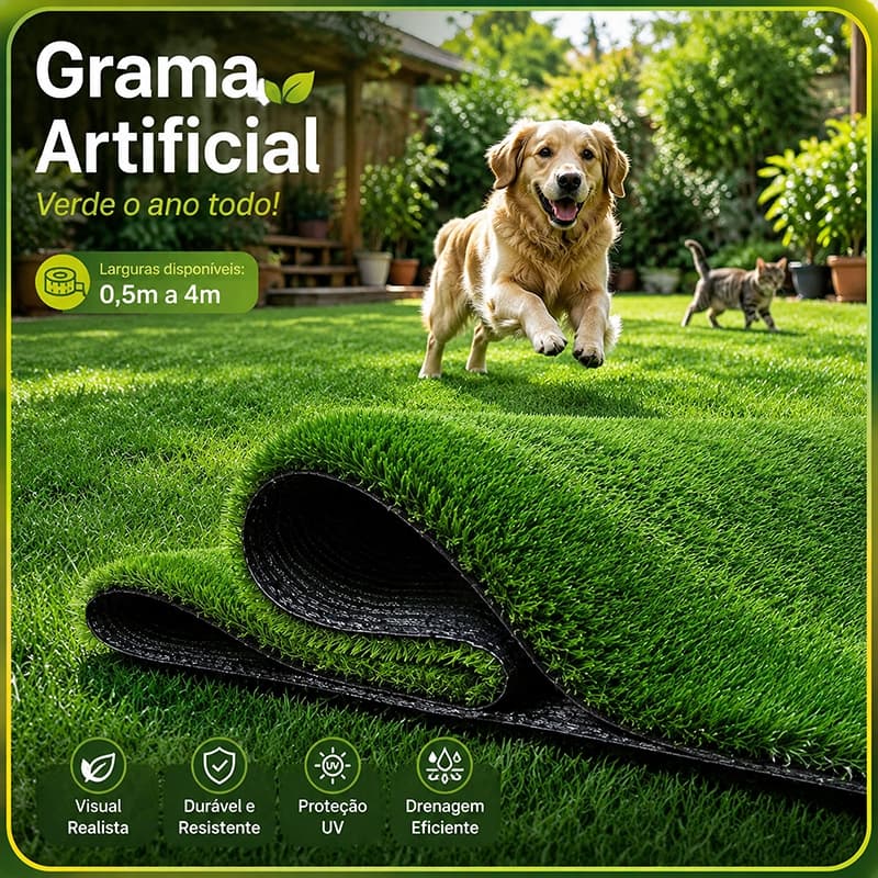 Grama Sintética 30mm 1x0,5M, Grama Artificial Verde para Jardim, Quintal, Varanda e Área Externa