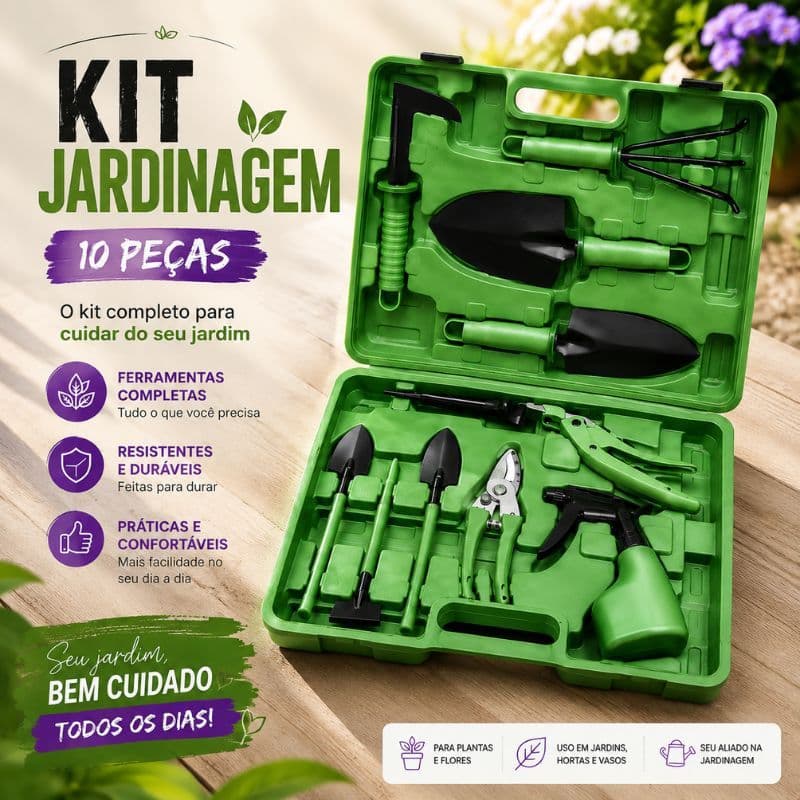 Ferramentas para Jardim Kit 5 ou 10 Peças Tesoura de Poda Pá Borrifador Garfo com Maleta
