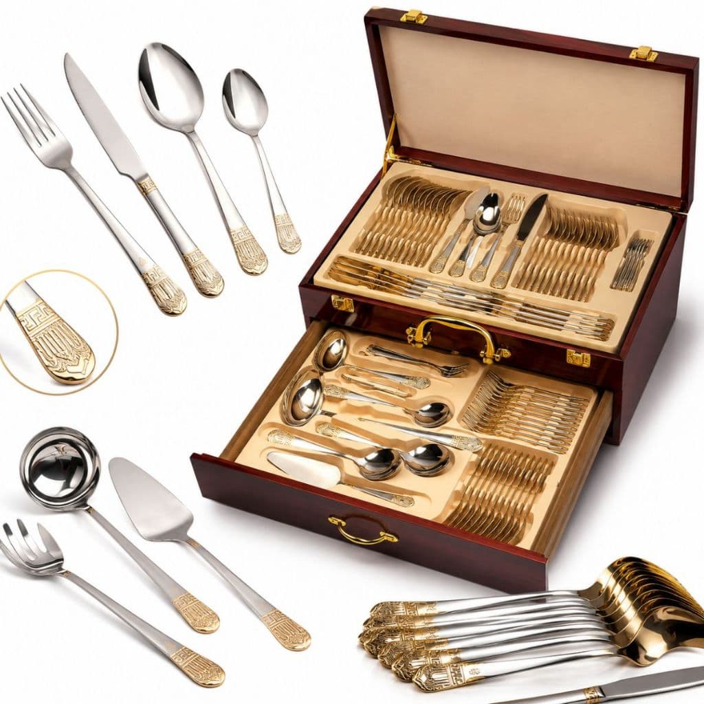 Faqueiro 84 Peças Dusseldorf Aço Inox Premium Serve 12 Pessoas Com Talheres De Servir Maleta Rígida De Madeira Luxuosa
