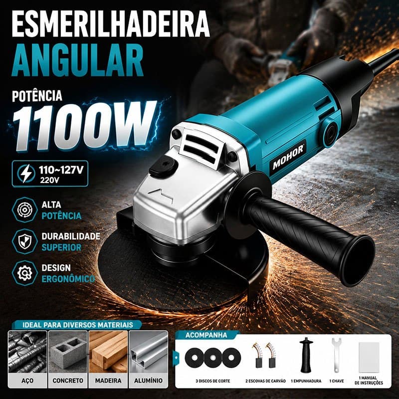 Esmerilhadeira Angular 1100W Lixadeir Portable Angle Grinder Sander 115mm 220V com 3 Discos de Corte e Acessórios Com