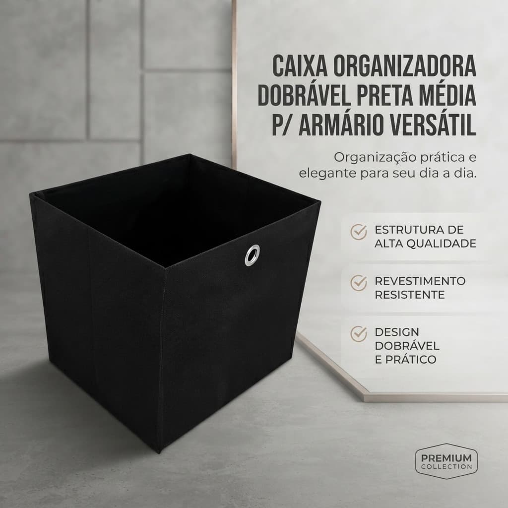 Caixa Organizadora Dobrável Preta Média P/ Armário Versátil