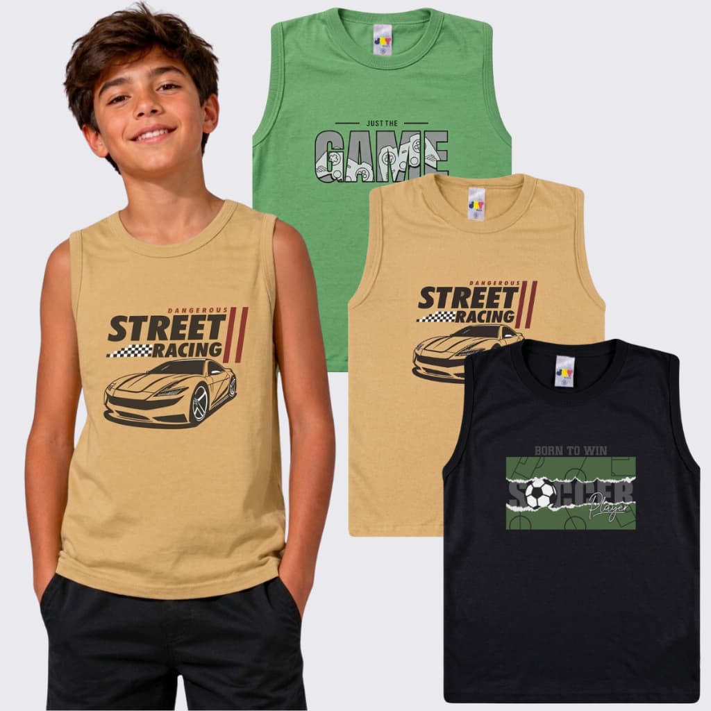 Kit 3 Camiseta Regata Machão Juvenil Menino Tam 10 12 14 16
