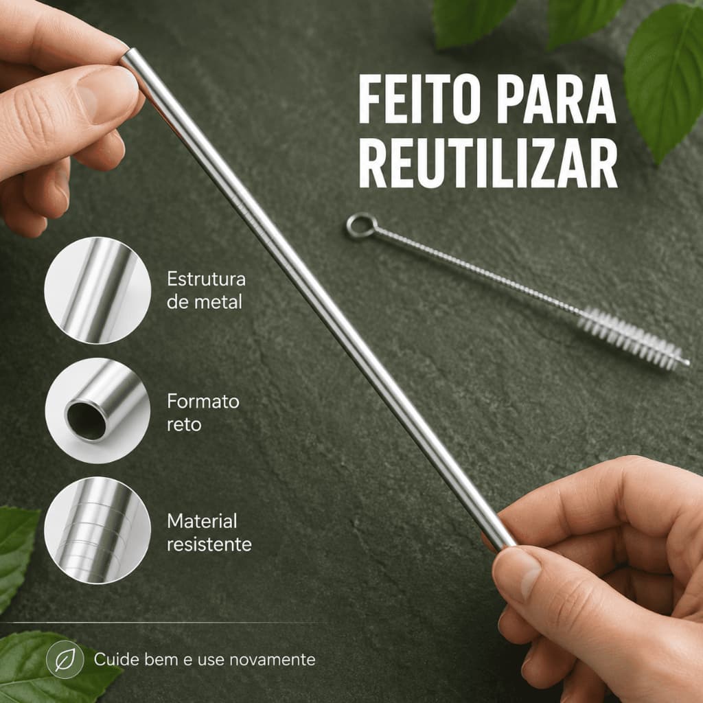 Canudo de Metal Inox Reutilizável Reto 21 cm Acompanha a Escova de Limpeza para Bebidas Quentes e Geladas
