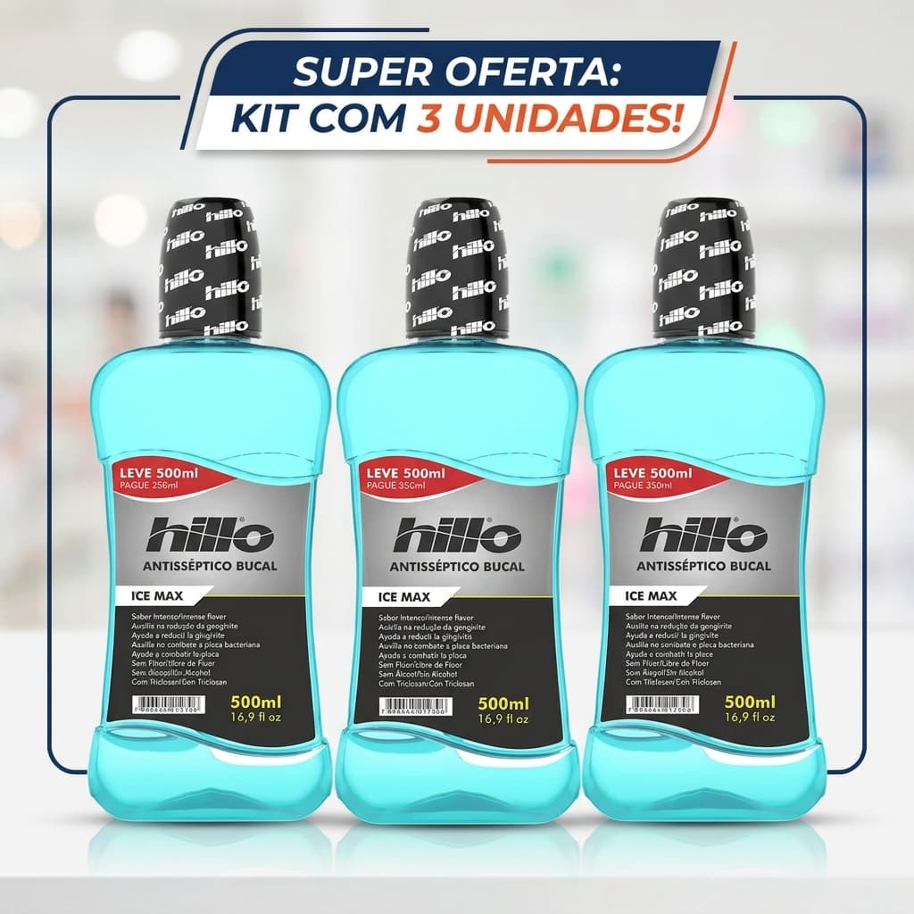 Enxaguante Bucal Hillo Ice Max Kit com 3 500ml