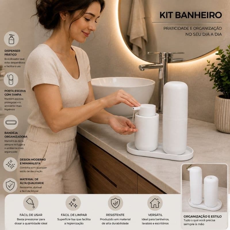 Kit Para Banheiro Porta Escova+Porta Sabonete+Bandeja Preto ou Branco Organizador Moderno Premium