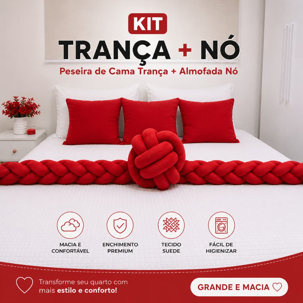 Kit Trança Avulsa 2,80m Peseira de Cama + Almofada de Nó Elegante Macia e Confortavel