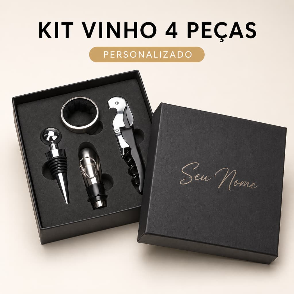 Kit Abridor Vinho Abridor de Garrafa Saca Rolhas Caixa Personalizada Presente Acessórios 4 Peças