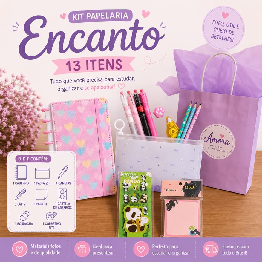 Kit Papelaria Fofa Encanto com Caderno, Estojo, Canetas, Lápis, Post-it e Adesivos