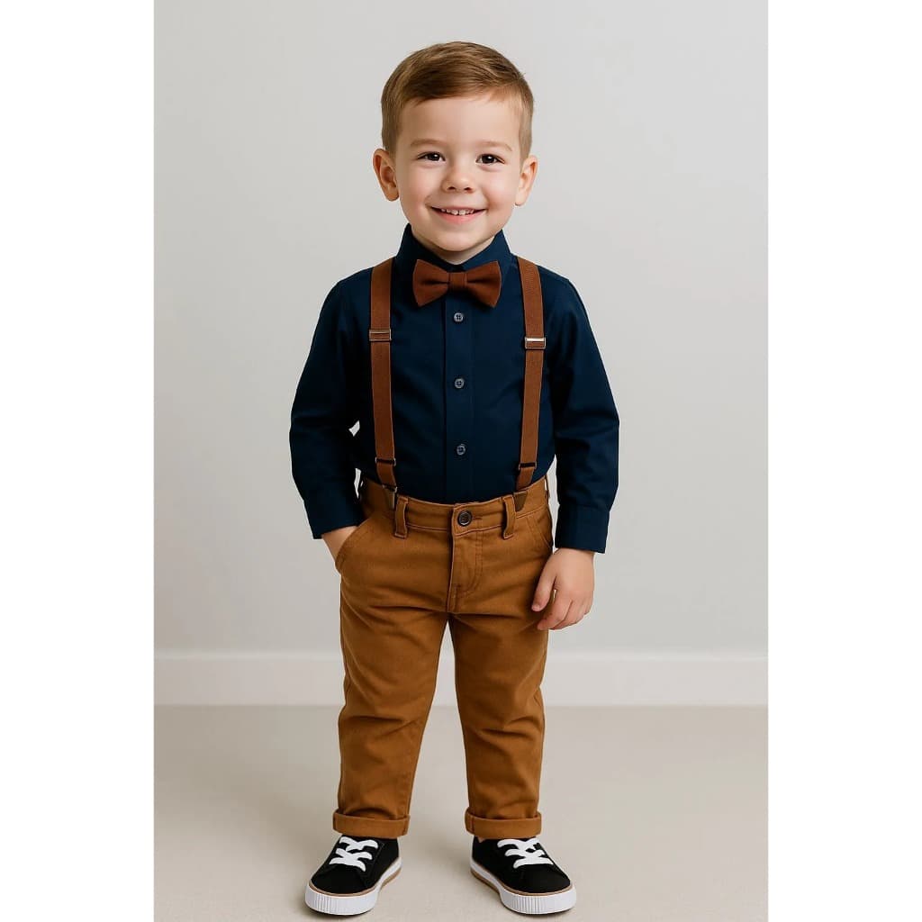 Conjunto Roupa Calça Caramelo Camisa Manga Longa Azul Marinho Gravata Suspensório Infantil Casamento Festa Evento