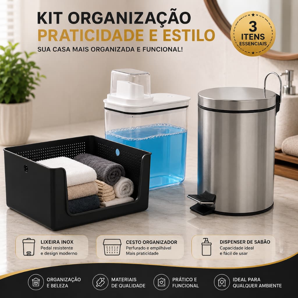 Kit Banheiro Lixeira Inox Dispenser Sabonete Líquido Lavabo